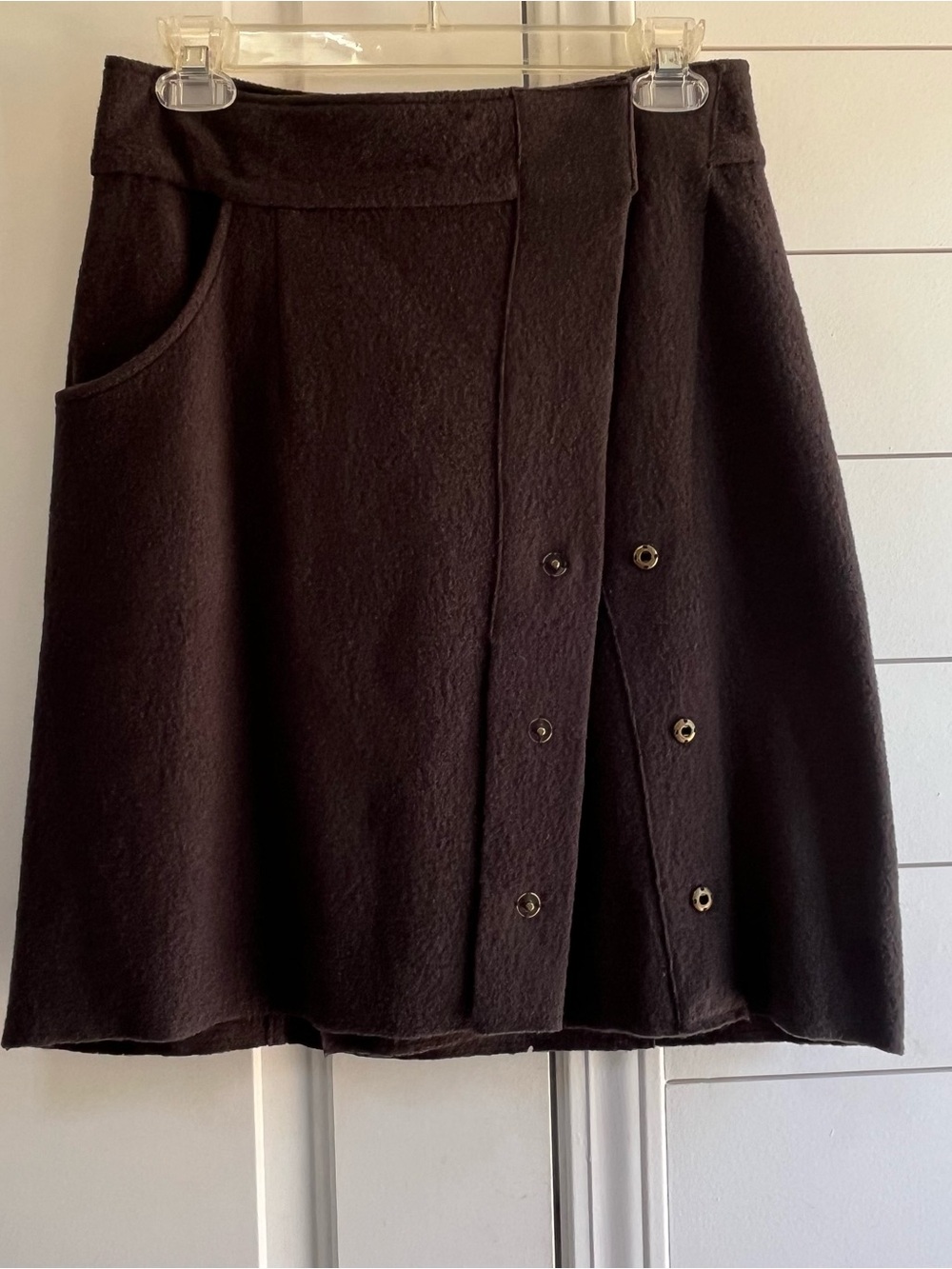 Anthropologie Sparrow Merino Wool Snap Wrap Skirt Dark Brown / Olive SZ S - Picture 2 of 13